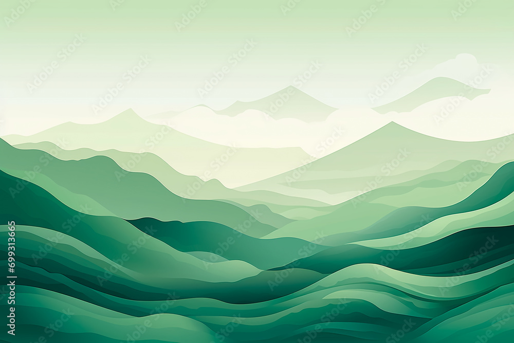 Capturing the essence of nature: a minimalistic illustration featuring abstract green landscapes with serene mountains and rolling hills as a tranquil backdrop.





