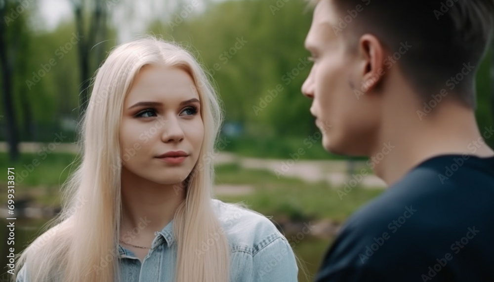 Two young adults in love, enjoying nature, smiling and happy generated by AI Two young adults in love, enjoying nature, smiling and happy generated by AI