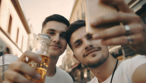 Young adults smiling, outdoors, holding drinks, enjoying friendship and togetherness generated by AI
