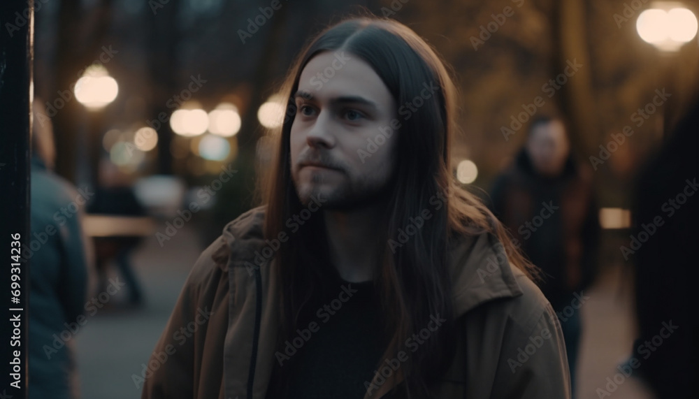 Young adults walking in the city, smiling, illuminated by streetlights generated by AI