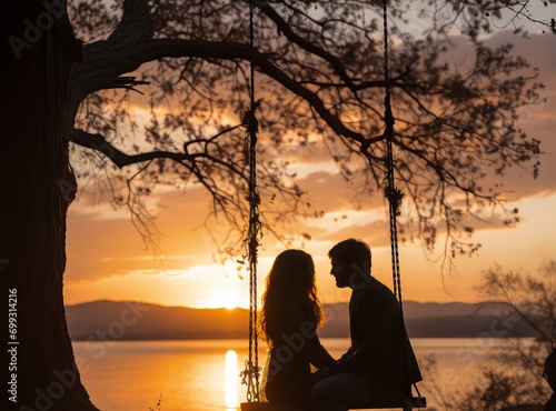 A couple sits on a swing against the background of the sunset, a romantic silhouette in a secluded place overlooking the water and trees Concept: lovers and feelings, declaration of love