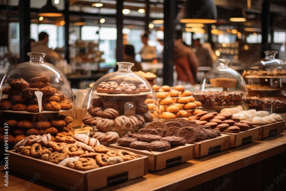 Many chocolates and pastries in a patisserie.