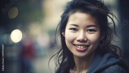 Smiling young woman, beauty in portrait, looking at camera outdoors generated by AI