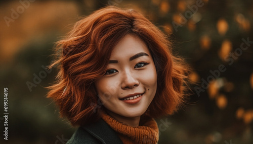 Smiling young woman in autumn forest, beauty in nature generated by AI