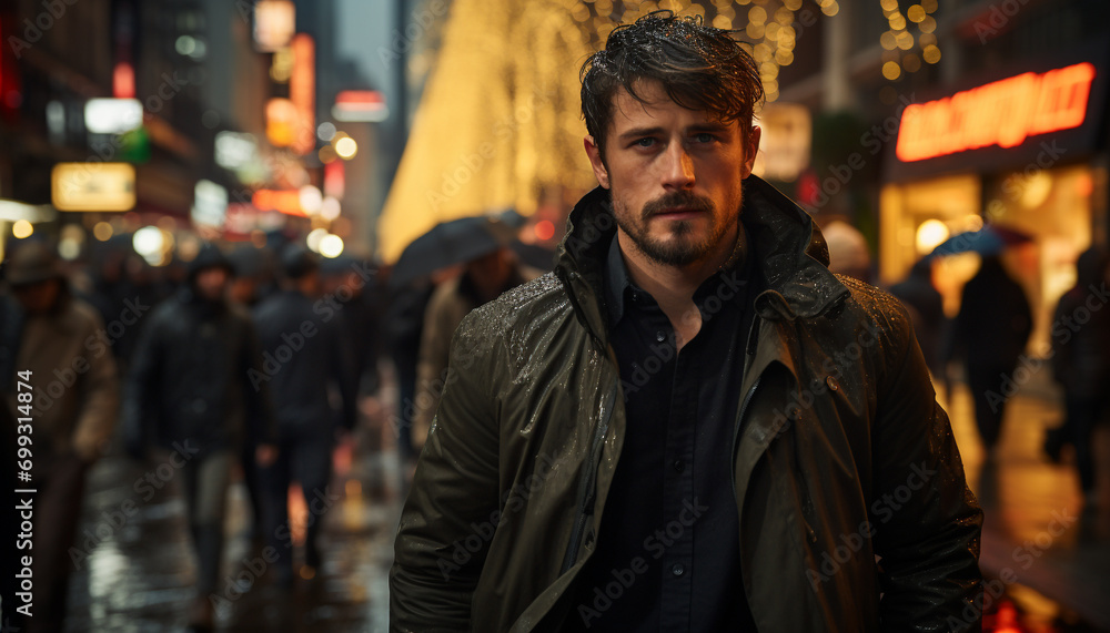 A confident young man walking in the city at night generated by AI A confident young man walking in the city at night generated by AI