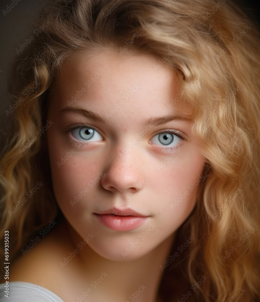 Cute Caucasian girl with blond hair and blue eyes smiling generated by AI Cute Caucasian girl with blond hair and blue eyes smiling generated by AI