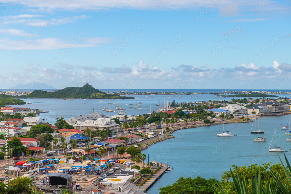 Aerial view of historic downtown Marigot from Fort St. Louis, French Collectivity of Saint Martin. 