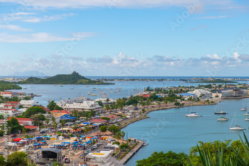 Aerial view of historic downtown Marigot from Fort St. Louis, French Collectivity of Saint Martin.  photo
