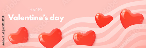 Happy Valentine's day banner with realistic decorative glossy red 3d hearts and wave lines on a delicate candy background. Love banner, gift voucher, cute greeting card. Vector illustration