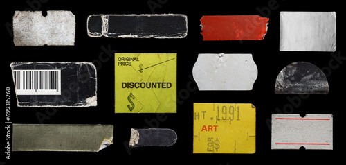 collection of blank old sticker, label, price tag template for mockup. isolated dirty, ripped, half peeled stickers	 photo