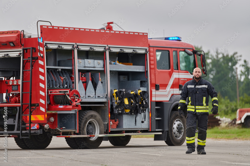 A symbolically brave firefighter strides forward with unwavering courage, epitomizing dedication and leadership, while behind him, a modern firetruck stands ready for firefighting actions, capturing