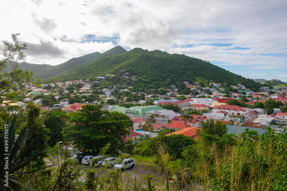 Aerial view of historic downtown Marigot from Fort St. Louis, French Collectivity of Saint Martin. 