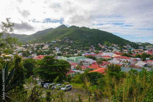 Aerial view of historic downtown Marigot from Fort St. Louis, French Collectivity of Saint Martin.  photo