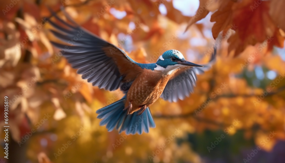 Fototapeta premium A vibrant bird spreads wings, perching on a branch in autumn generated by AI