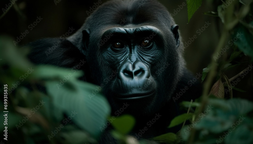Primate in tropical rainforest, staring with strength, surrounded by nature generated by AI