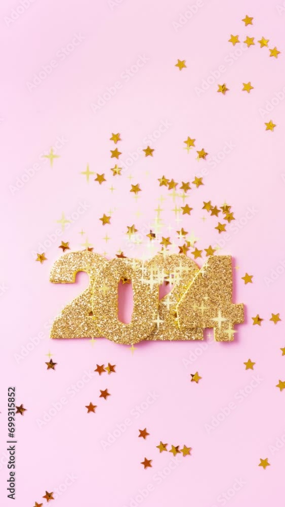 Golden glitter numbers New Year 2024 on pink background top view with