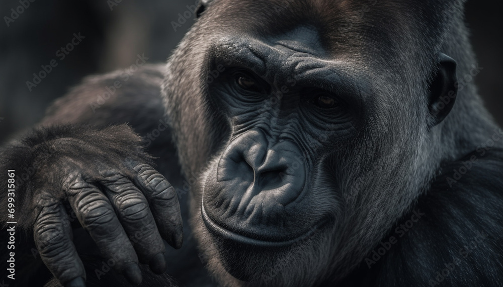 Primate portrait Endangered monkey in African rainforest, staring with strength generated by AI Primate portrait Endangered monkey in African rainforest, staring with strength generated by AI