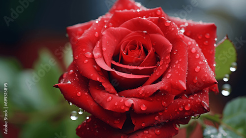 Single red rose close up with dew drops
