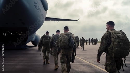 Paratroopers soldiers go to military trasport plane photo