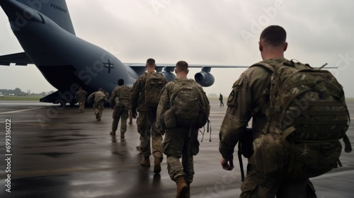 Paratroopers soldiers go to military trasport plane photo