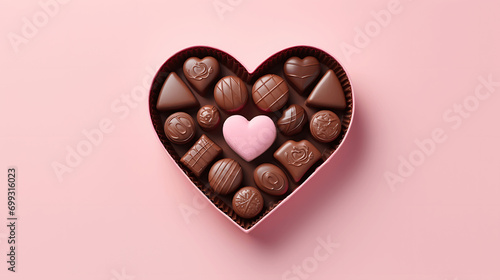 Heart-shaped box of chocolates on pink background