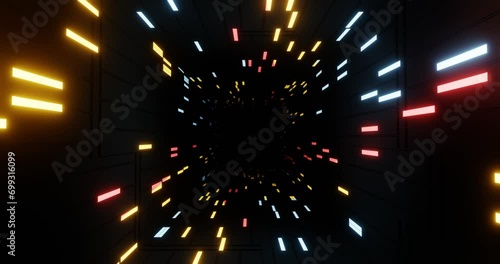 empty tunnel with dark walls with glowing indicators, spacecraft compartment, synchrophasotron or hyperdrive, sci-fi looped abstract animation, 3D rendering, wall, photo