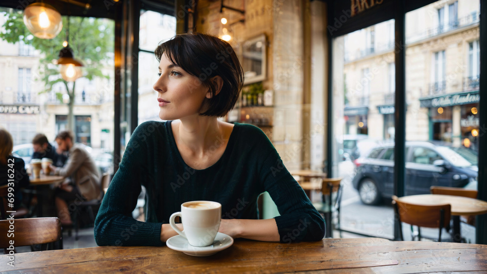 Beautiful brunette woman sitting alone in a café and drinking coffee Beautiful brunette woman sitting alone in a café and drinking coffee