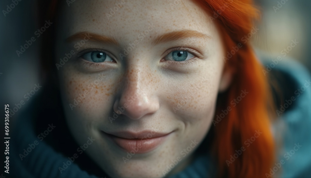 Smiling redhead woman, young adult, looking at camera, outdoors generated by AI