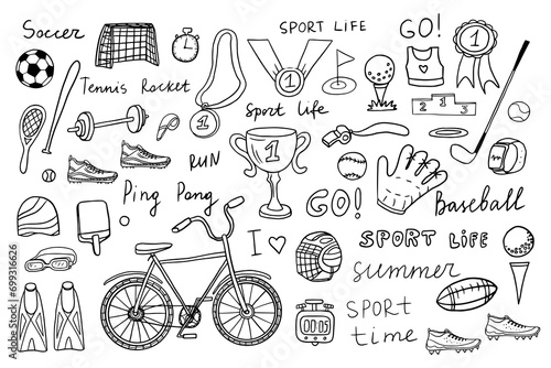 Big set of hand drawn doodle sport icons. Sports equipment, baseball, basketball, football, swimming, cycling. Collection of design elements. Great for banners, sites, posters. Vector illustration