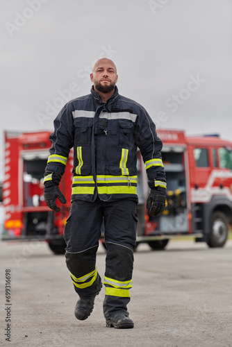 A symbolically brave firefighter strides forward with unwavering courage, epitomizing dedication and leadership, while behind him, a modern firetruck stands ready for firefighting actions, capturing