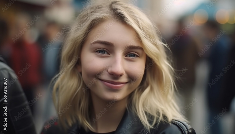 Obraz premium Smiling blond woman outdoors, cheerful and confident, looking at camera generated by AI