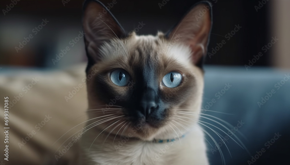 Cute kitten sitting, staring with blue eyes, fluffy fur, playful generated by AI