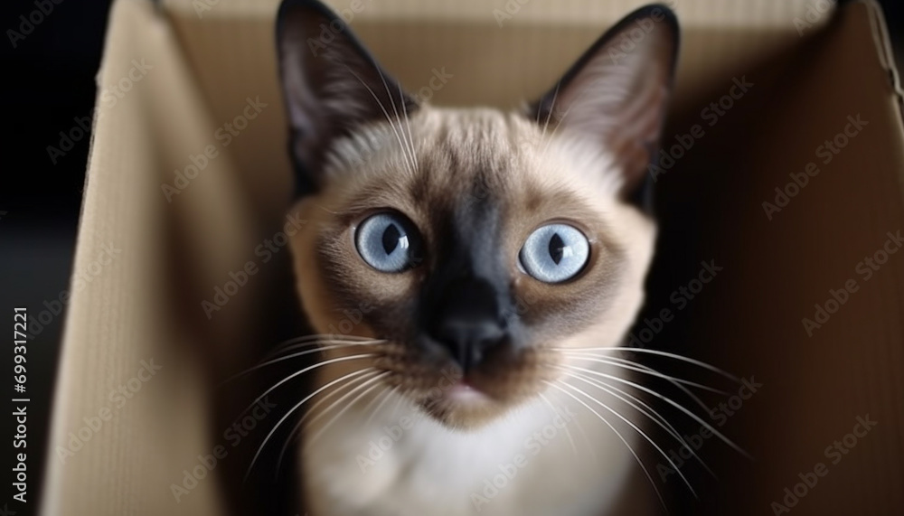 Cute kitten with blue eyes staring, fluffy fur, portrait generated by AI Cute kitten with blue eyes staring, fluffy fur, portrait generated by AI