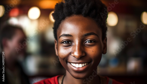 Smiling young woman looking at camera, happiness in coffee shop generated by AI
