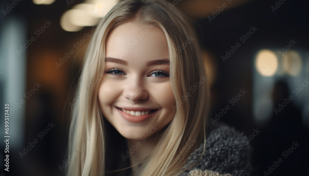 Obraz premium Smiling woman, young adult, blond hair, cheerful portrait, happiness generated by AI