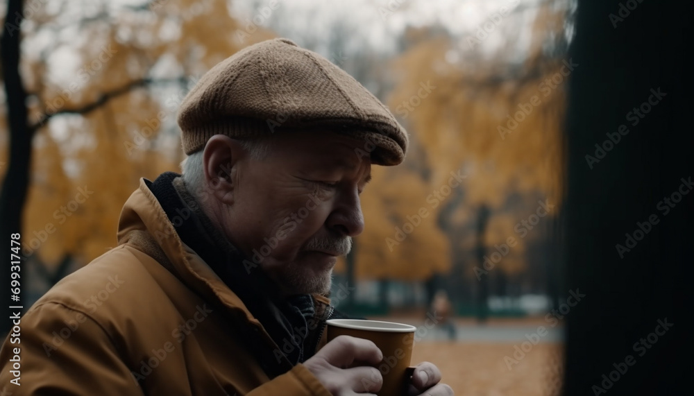 A man in warm clothing enjoys nature with a coffee generated by AI A man in warm clothing enjoys nature with a coffee generated by AI