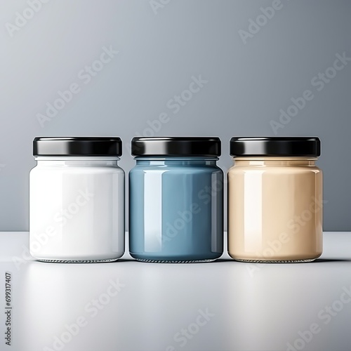 Three different colorful cars with black lids isolated on gray background. Studio shot of white, blue and beige glass jars, no labels photo