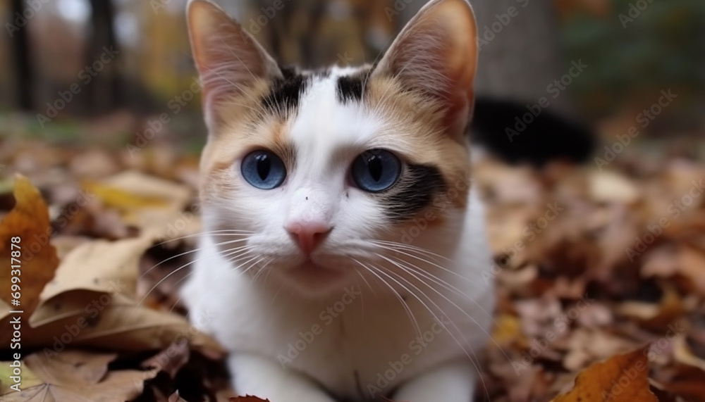 Fototapeta premium Cute kitten sitting in autumn grass, staring at camera with curiosity generated by AI