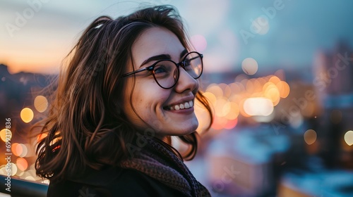 smiling freewheeling woman wearing glasses, night view of grandiose cityscape, freelance designer who loves her work and can enjoy the relaxation of her life. generative AI photo
