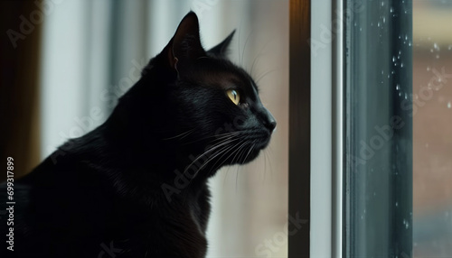 Cute kitten sitting on window sill, staring through the glass generated by AI