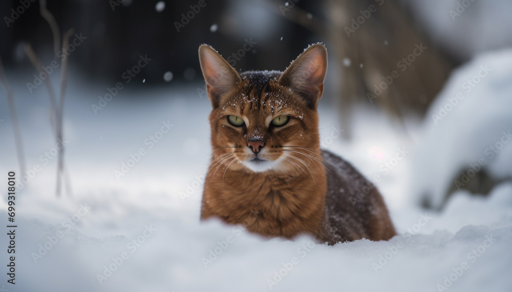 Cute kitten sitting in snow, staring at camera, fluffy fur generated by AI