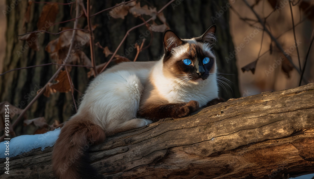 Cute kitten sitting on tree, staring with curious green eyes generated by AI