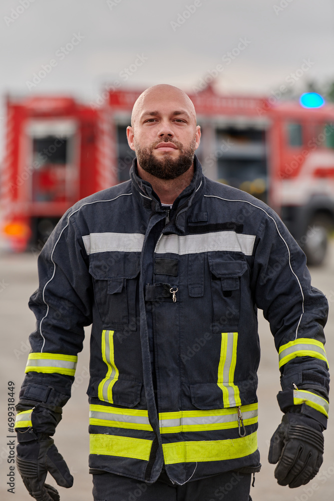 A symbolically brave firefighter strides forward with unwavering courage, epitomizing dedication and leadership, while behind him, a modern firetruck stands ready for firefighting actions, capturing A symbolically brave firefighter strides forward with unwavering courage, epitomizing dedication and leadership, while behind him, a modern firetruck stands ready for firefighting actions, capturing