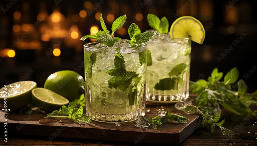 Refreshing mojito cocktail with lime, mint, and citrus fruit generated by AI - obrazy, fototapety, plakaty 