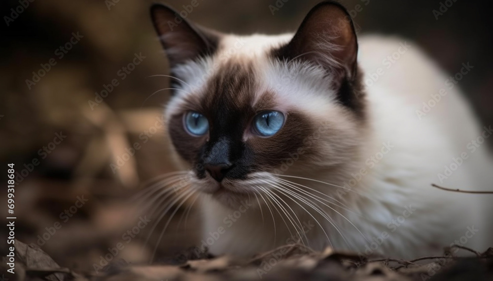 Fototapeta premium Cute kitten sitting on grass, staring with blue eyes generated by AI