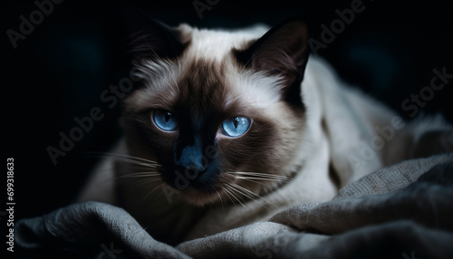 Cute kitten with blue eyes, fluffy fur, staring at camera generated by AI