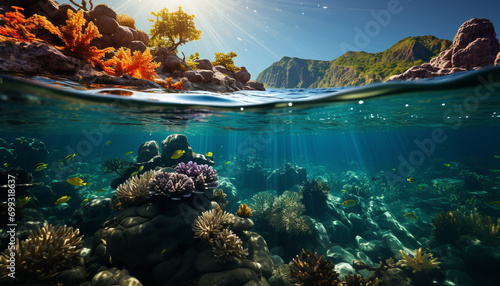 Underwater reef, fish, coral, diving, deep blue, tropical vacations generated by AI