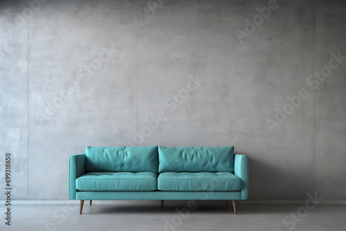 Turquoise sofa against the background of a concrete wall next to the window. Interior design of a studio or living room in minimalistic and loft styles.