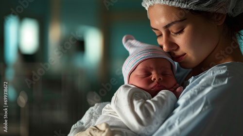 Nurse holding newborn close to her heart, AI Generated © Shining Pro
