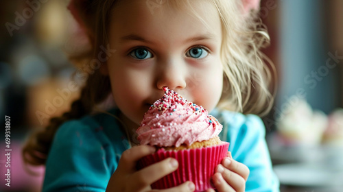 Sweet-looking girl holding large cupcake, AI Generated